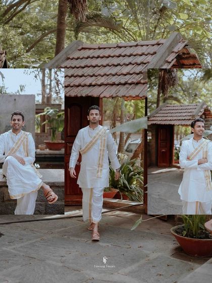 A collage showcasing the groom's traditional attire and his calm, composed presence on his wedding day.