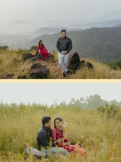 A collage showing different scenes from a mountain shoot, from dramatic poses on rocky outcrops to a sweet picnic in a grassy field.