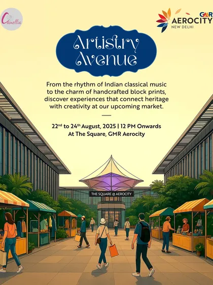 An illustrated poster for 'Artistry Avenue', depicting a bustling market scene at The Square. It highlights the blend of Indian classical music, handcrafted goods, and creative experiences.