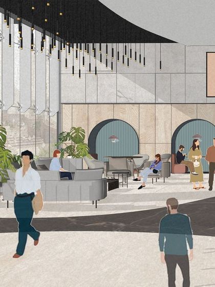 An early concept illustration for a commercial lobby. This sketch helps establish the mood and spatial arrangement, exploring how seating nooks, lush plants, and dramatic lighting can create a warm and inviting atmosphere for visitors.