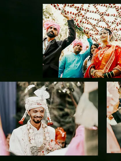 A collage focusing on the groom's happiness and the traditional 'phoolon ki chadar' ceremony.