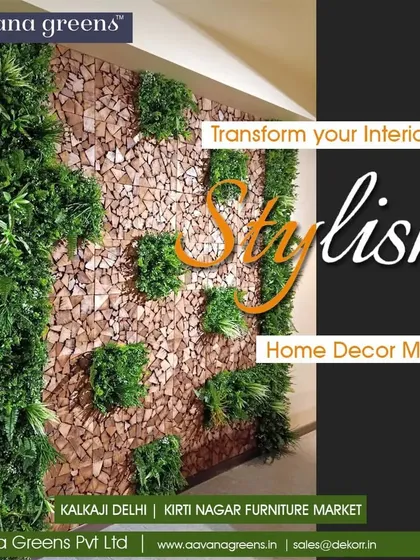 Transform your interiors with stylish home decor material. This wall combines natural wood chips with vertical green panels for a rustic yet modern aesthetic.
