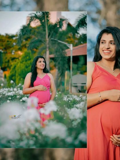 A collage featuring close-up and wider shots of the mother-to-be in a beautiful garden, surrounded by white flowers that complement her pink dress.