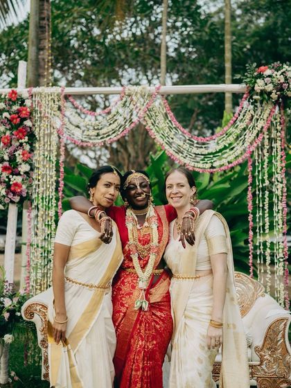 More moments with bride Syama and her wonderful bridesmaids. Whether it's for a group photo or participating in the ceremony, I ensure every saree is draped securely and beautifully.