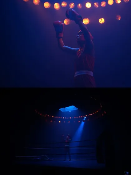 A powerful shot from the Star Cement commercial, achieved with a single, hard spotlight from above and atmospheric haze. The bottom image shows the unlit set, highlighting the impact of our lighting design.