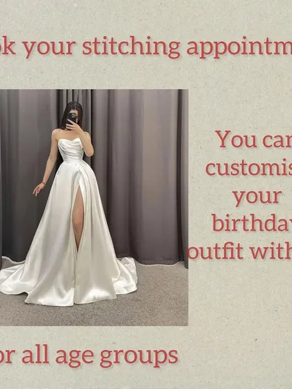 We create custom birthday outfits for all age groups. This elegant white satin gown with a thigh-high slit is a perfect example of a glamorous dress we can stitch for your special day.