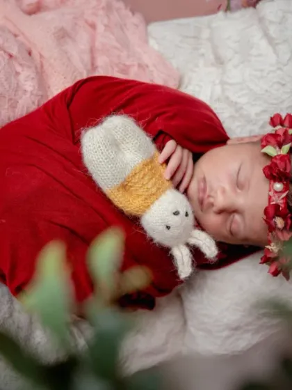 A little sprout in a garden of love. This setup uses a rustic log bed and a simple floral crown to create a natural and earthy portrait.