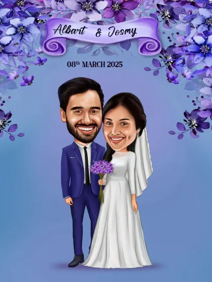 I design for all kinds of weddings. Here is a beautiful caricature for a Christian wedding, featuring a classic white gown and a sharp blue suit. I created a custom floral arch with the couple's names to frame the illustration.