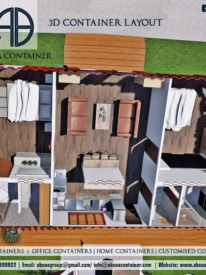 A top-down 3D layout of a container home, detailing the placement of the kitchen, living area, and bedrooms. This level of planning ensures every square foot is used effectively.