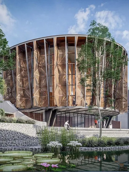 This conceptual design for the Centre for Excellence in Bangalore showcases our forward-thinking approach. The intricate, woven wooden facade creates a visually stunning and sustainable building skin, harmonizing with the surrounding water body and landscape.