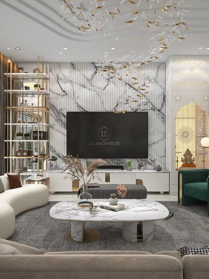 A concept for a living room that combines a dramatic marble TV wall with a sculptural partition and a unique fish chandelier. The design is a study in modern luxury and artistic expression.
