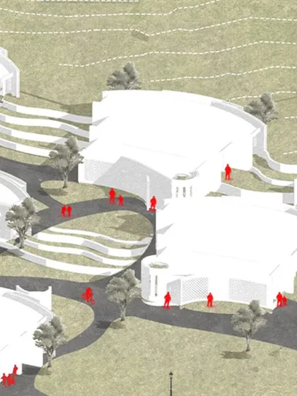 This conceptual site plan shows our design for an educational institute on a 109-acre contoured site in Pune. A meandering pathway connects various pavilion blocks, lecture halls, and open courts to spark social interaction.