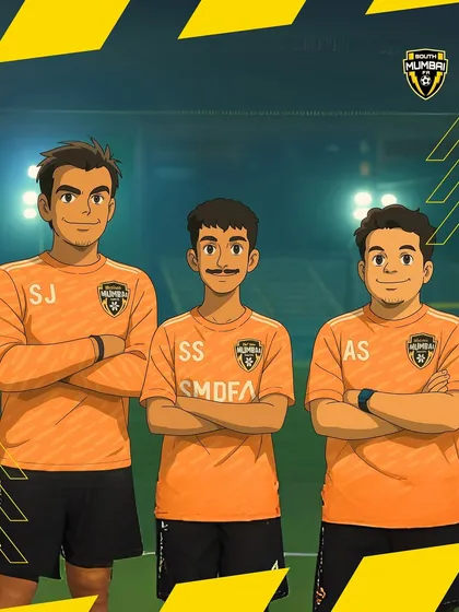An anime-style graphic of our core coaching team. They are the minds, the mission, and the heartbeat of South Mumbai Football.