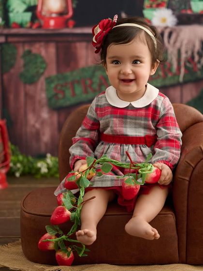 A sweet little girl in our strawberry farm setup. The plaid dress and rustic props create a charming, country-style portrait.