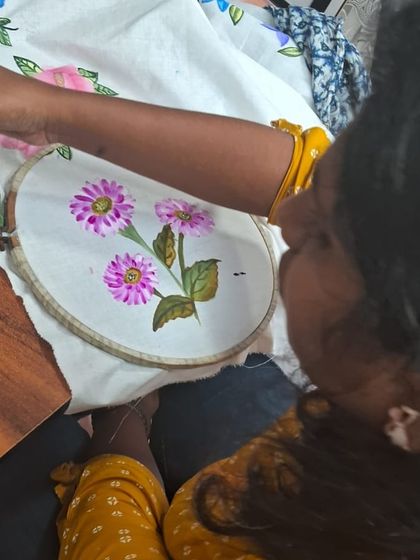 From this angle, you can see how the artist's vision comes to life, stroke by stroke. We teach techniques for blending colors and creating depth in your fabric paintings.