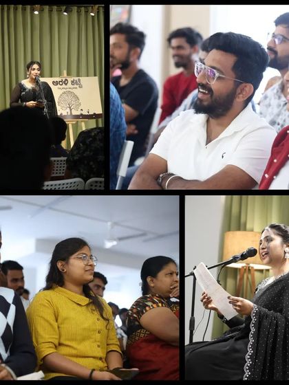 A performer shares a story, and the audience reacts with smiles and laughter.