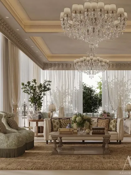 A detailed shot showing the layers of texture and pattern in this formal drawing room. The combination of different fabrics on the cushions, the carved wooden tables, and the high-backed armchair creates a rich, tactile experience.