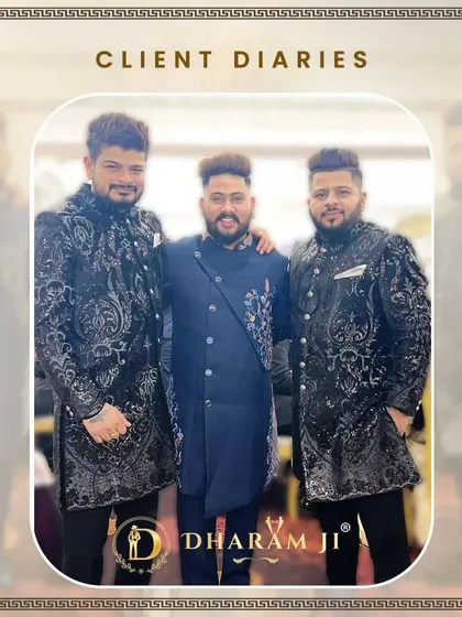 A group of friends or family members dressed in my custom creations for a special event. The two on the sides are in matching embroidered sherwanis, while the person in the center wears a complementary blue Jodhpuri.