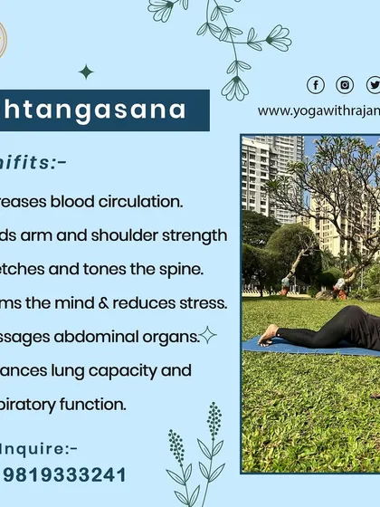 This graphic explains the benefits of Ashtangasana (Eight Limbed Pose), the sixth pose in Surya Namaskar. It builds arm strength and enhances respiratory function.