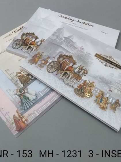 I designed this set to capture the grandeur of a royal wedding procession with a horse-drawn carriage. The artwork is spread across the main card and matching inserts, creating a cohesive and elegant theme.