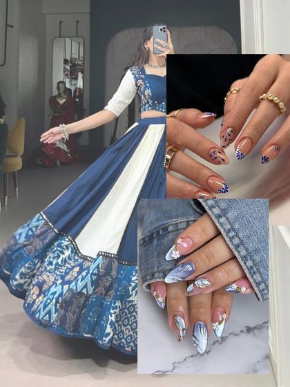 For a blue and white Navratri outfit, we created these stunning nail designs. The options include delicate blue floral patterns and a more abstract, artistic blue and white design to match the traditional prints.