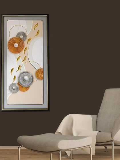 A beautiful and serene shadow box featuring golden fish swimming around abstract circular elements. The soft color palette and gentle curves create a sense of peace and movement.