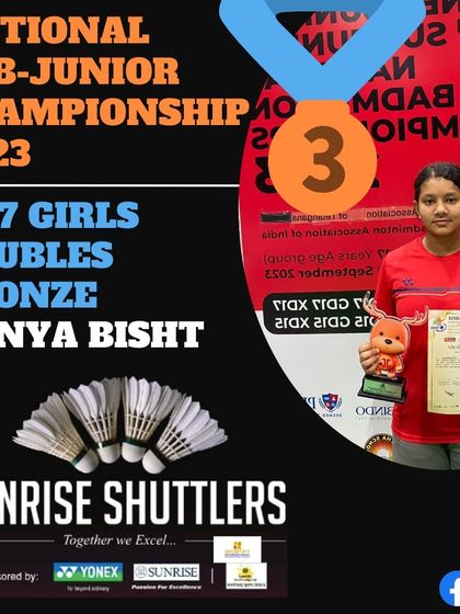 **Another National Bronze.** A graphic celebrating Aanya Bisht's bronze medal win in the U-17 Girls' Doubles at the National Sub-Junior Championship 2023.