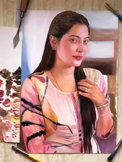An oil portrait showing a woman with a gentle expression. The soft colors and careful blending of skin tones create a very realistic effect.