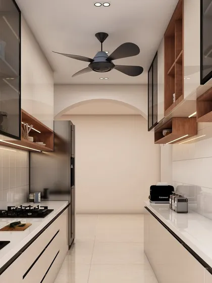 This parallel kitchen design features white and wood-tone cabinets, glass-fronted upper storage, and under-cabinet lighting for a warm and modern feel.