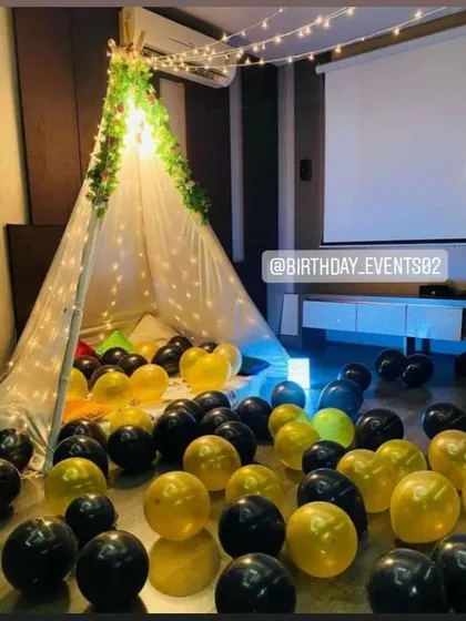Perfect for a cozy movie night or a date night at home. We set up this beautiful teepee tent, filled it with balloons, and lit it with fairy lights to create a magical and intimate space for two.