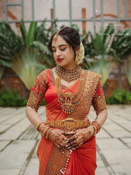 Draped in tradition, glowing like a goddess. For me, it's about more than just pleats; it's about enhancing your divine aura and making you feel absolutely radiant on your wedding day.