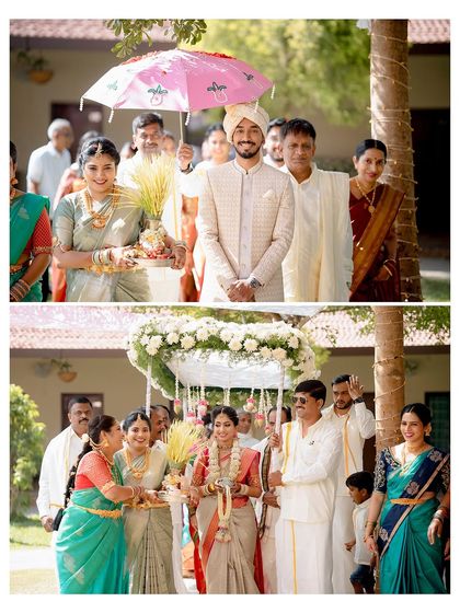 Capturing the key moments of a traditional South Indian wedding ceremony, where the couple is showered with blessings by their family and friends.