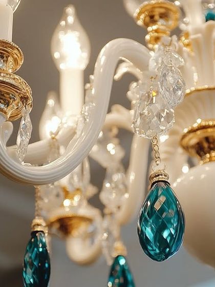 This angle showcases the elegant white and gold finish of a classic chandelier, accented with teardrop crystals. The design combines traditional form with a fresh palette for a sophisticated look.
