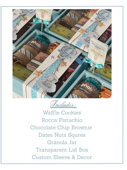 This is the larger version of our hot air balloon themed return favor, packed in a transparent lid box. It includes a granola jar, cookies, brownies, and other delicious treats.