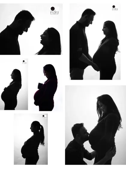 Silhouette photography is a powerful way to focus on the beautiful shape of pregnancy. This artistic, black and white style creates dramatic and emotional portraits for both solo and couple shots in the studio.
