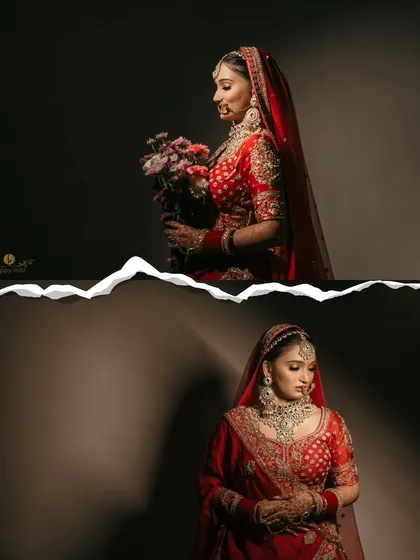 A collage showing the bride in a series of beautifully lit portraits. We use creative lighting techniques to create dramatic and memorable images that highlight the bride's features and emotions.