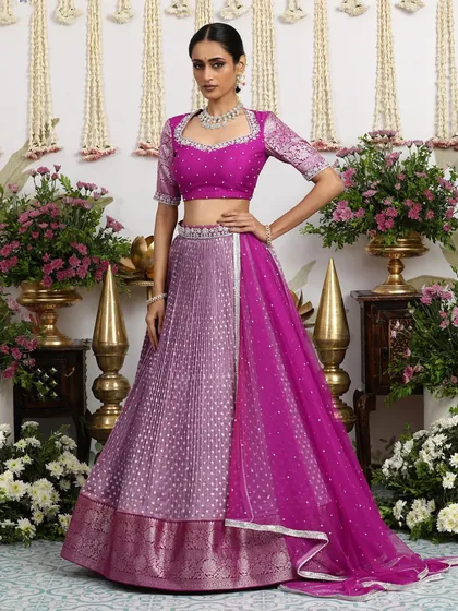 The full, standing view of the ombre Bandhani lehenga, a masterpiece of color and craft.