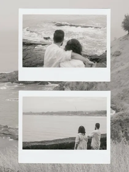 A collage of black and white Polaroid-style shots of the couple looking out at the sea from a cliff. It has a nostalgic, adventurous feel.