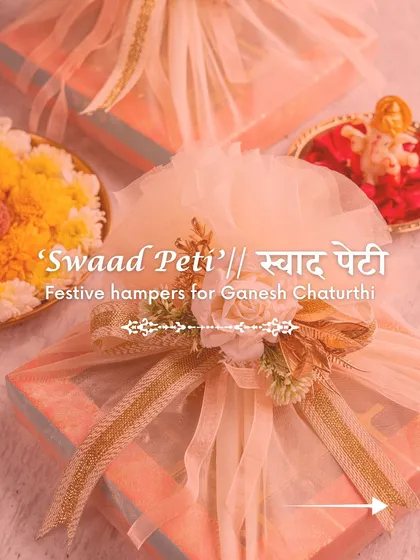 The 'Swaad Peti' is my modern take on festive gifting for Ganesh Chaturthi. The elegant packaging, finished with delicate tulle and a floral touch, makes it a truly special gift before you even see the delicious modaks inside.