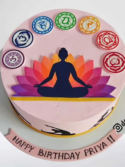 The full view of the yoga and chakra-themed cake, a peaceful and mindful design for a special birthday.