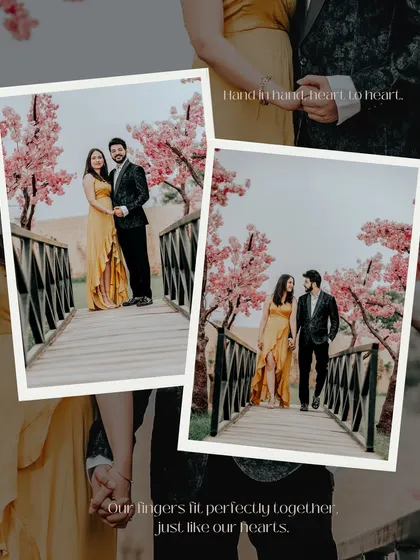 A collage showing a couple on our scenic bridge, a perfect example of the romantic moments captured here. The text overlay "Hand in hand, heart to heart" reflects the stories we help create.