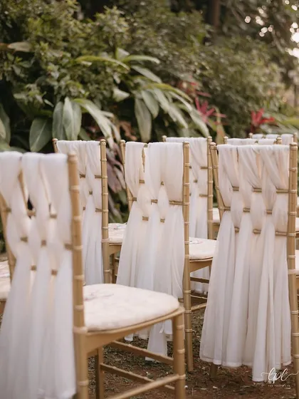 We designed intricate woven patterns for the chair backs, adding a touch of bespoke elegance to the guest seating.