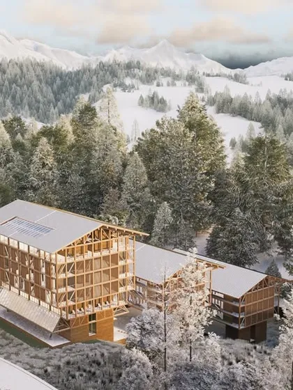 This visualization shows a hotel project in Kashmir, set against its snowy, mountainous landscape. The design reinterprets the vernacular Dhajji Dewari, a timber-braced frame technique, to create a modern, resilient structure that is authentic to its location.