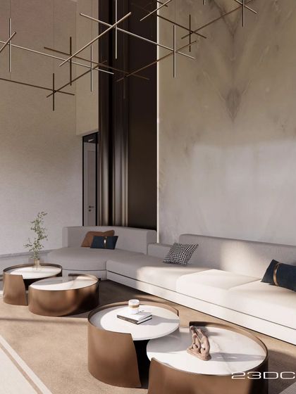 Another view of the Meraki living area, showcasing the open, airy feel and the unique, intersecting rod chandelier. The space is a symphony of luxurious simplicity and refined charm.