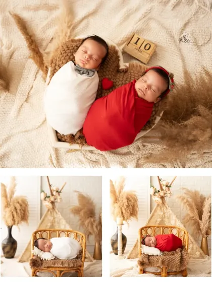 This collage shows our twin newborn photoshoot, with both individual and paired shots in a boho-chic setup featuring a teepee and pampas grass.