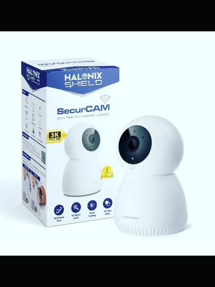 This is the Halonix Wi-Fi pan-tilt indoor camera. It provides a 360-degree view, smart tracking to follow movement, and two-way audio, making it a comprehensive indoor monitoring solution.