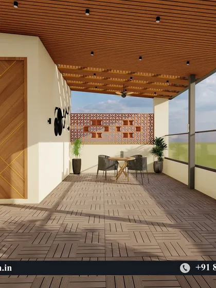 This render shows a different angle of the wood-paneled terrace, focusing on a cozy two-person dining setup.