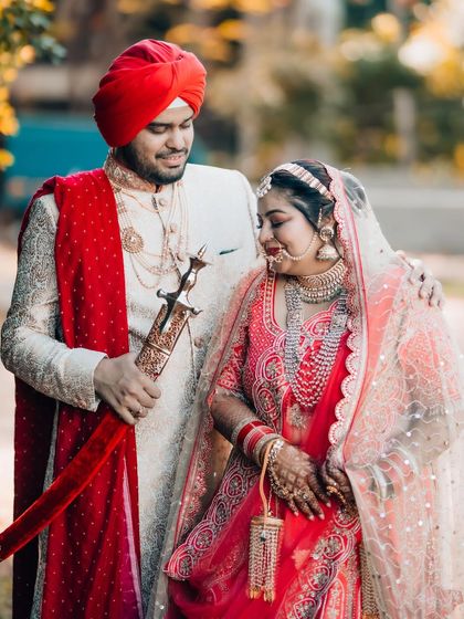 A tender moment between a Sikh bride and groom, their affection for each other evident in their expressions.