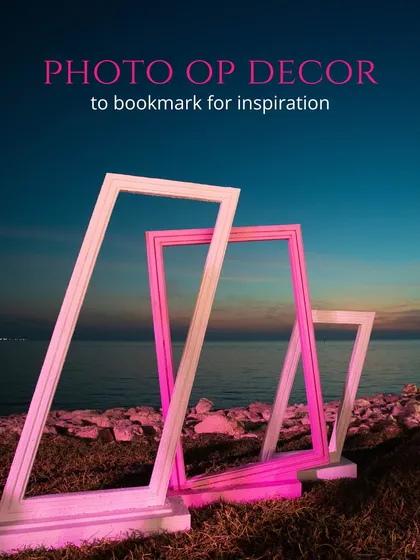 A creative photo-op for a beachside event, featuring minimalist frames that capture the beautiful sunset over the water.