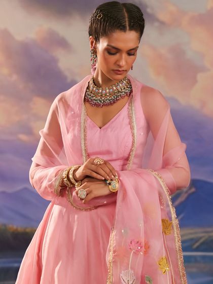 A beautiful pink anarkali from the Gulnaar collection by Charu Makkar, crafted from the finest silk Chanderi.